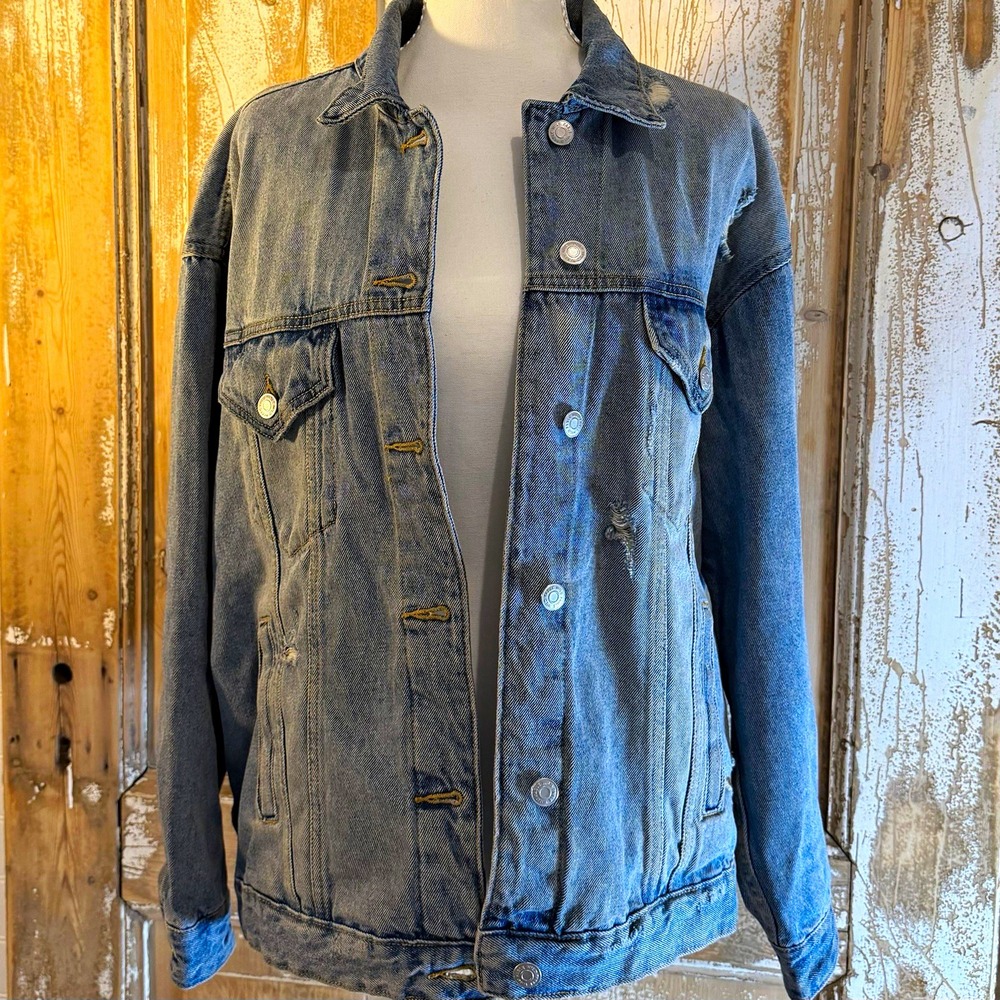 Wild Fable Women's Blue Button Denim Jacket Collared Pockets Relaxed Short S